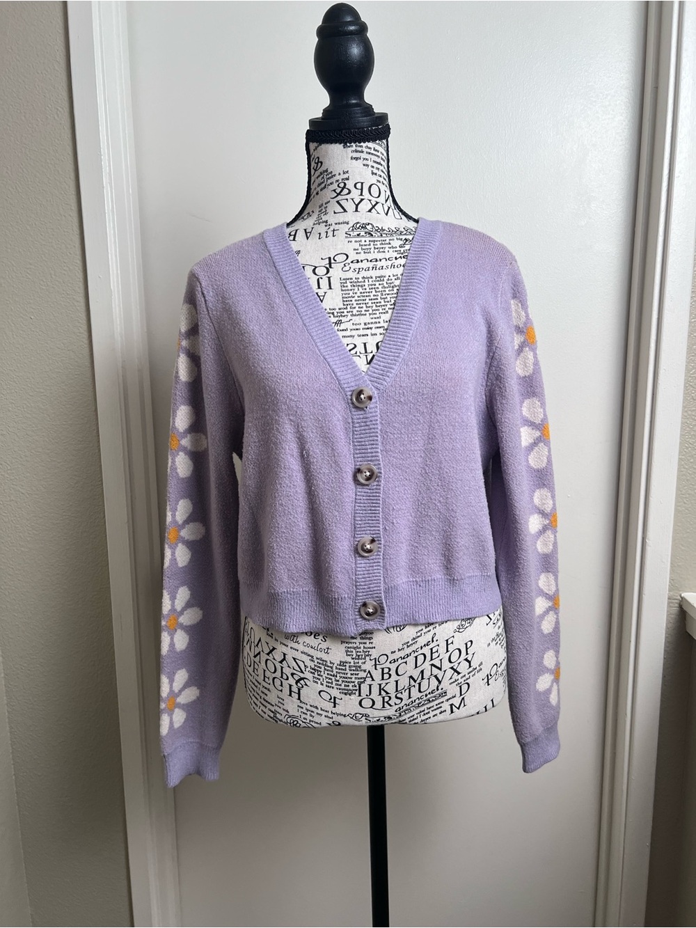 Jessica Simpson Purple Daisy Floral Sleeve Cropped Cardigan Sweater L